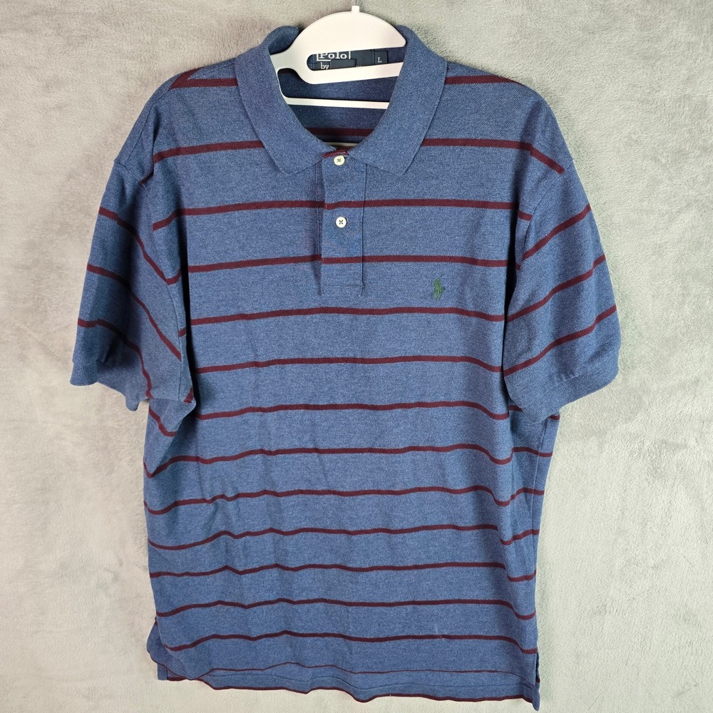 Polo Ralph Lauren Mens Large Blue Burgundy Striped Cotton Pique Polo‎ Shirt L